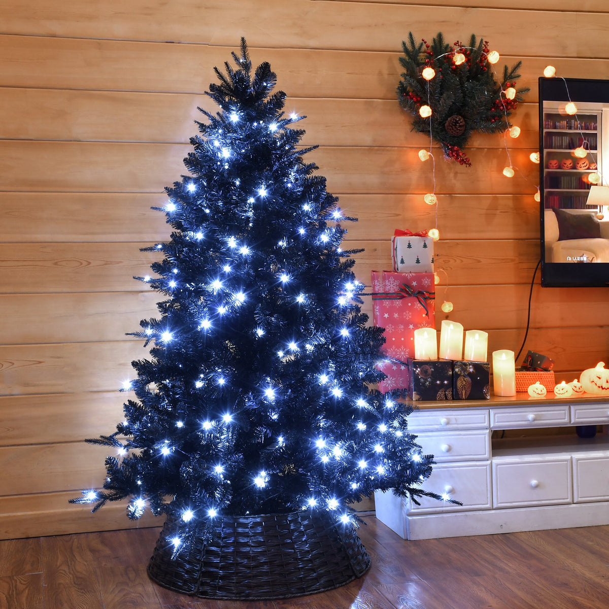 Maylaviu 7FT Gothic Black Christmas Tree, 450 Cold White Lights, 1916 Full Tips, Halloween & Holiday Party Decor, Sturdy Metal Stand