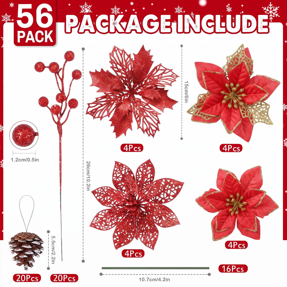Ayieyill 56Pcs Poinsettia Christmas Flowers Decorations Christmas flower ornaments Artificial Glitter Berry Stems Christmas Pine Cones Christmas Tree Ornaments Set Christmas Tree Decorations (Pink)