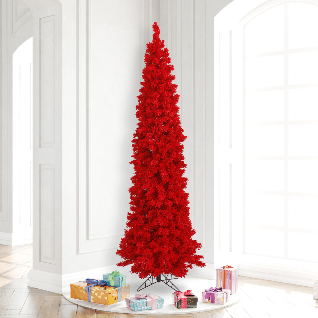 Vickerman 7.5' Flocked Red Pencil Fir Artificial Christmas Tree, Red Dura-lit LED Lights