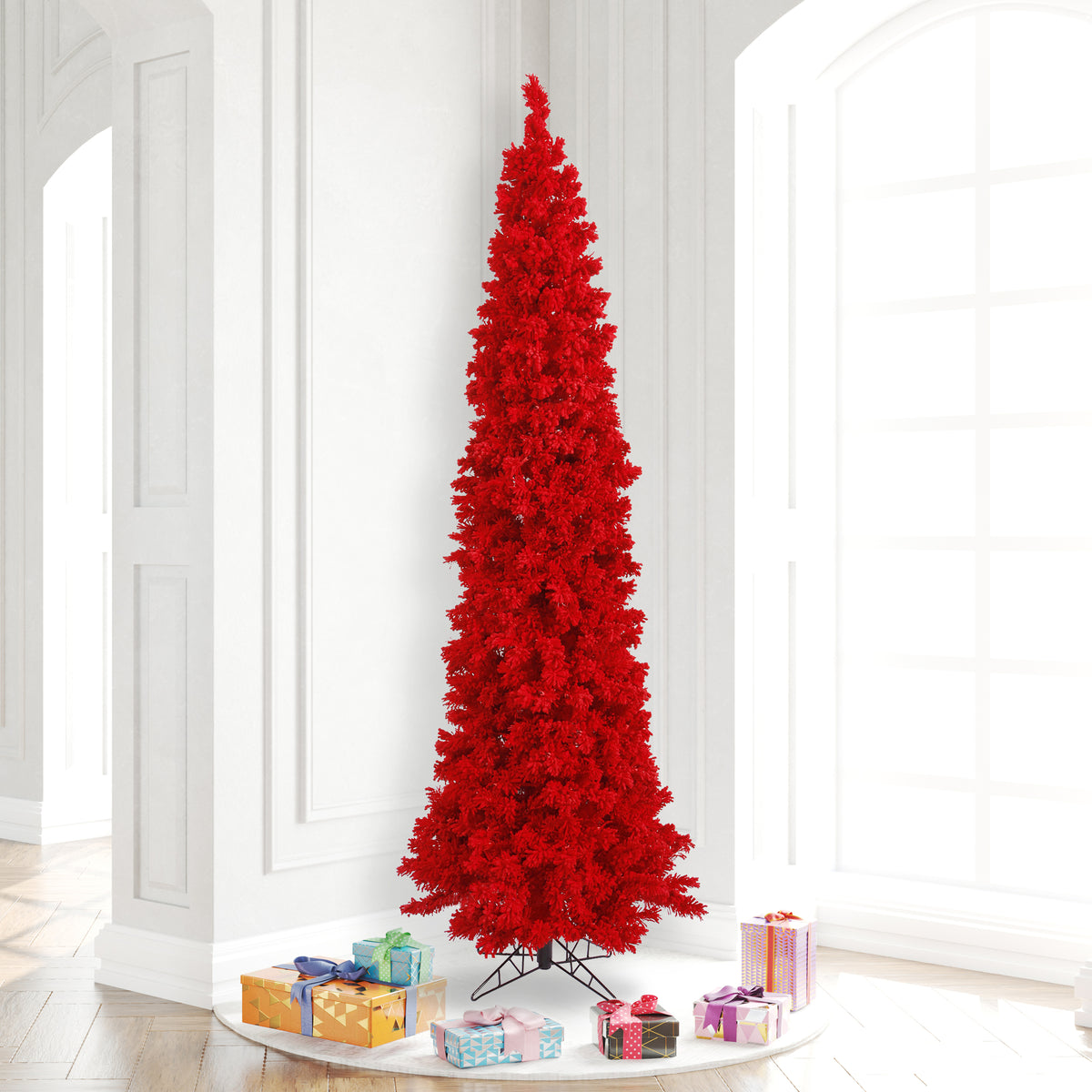 Vickerman 7.5' Flocked Red Pencil Fir Artificial Christmas Tree, Red Dura-lit LED Lights