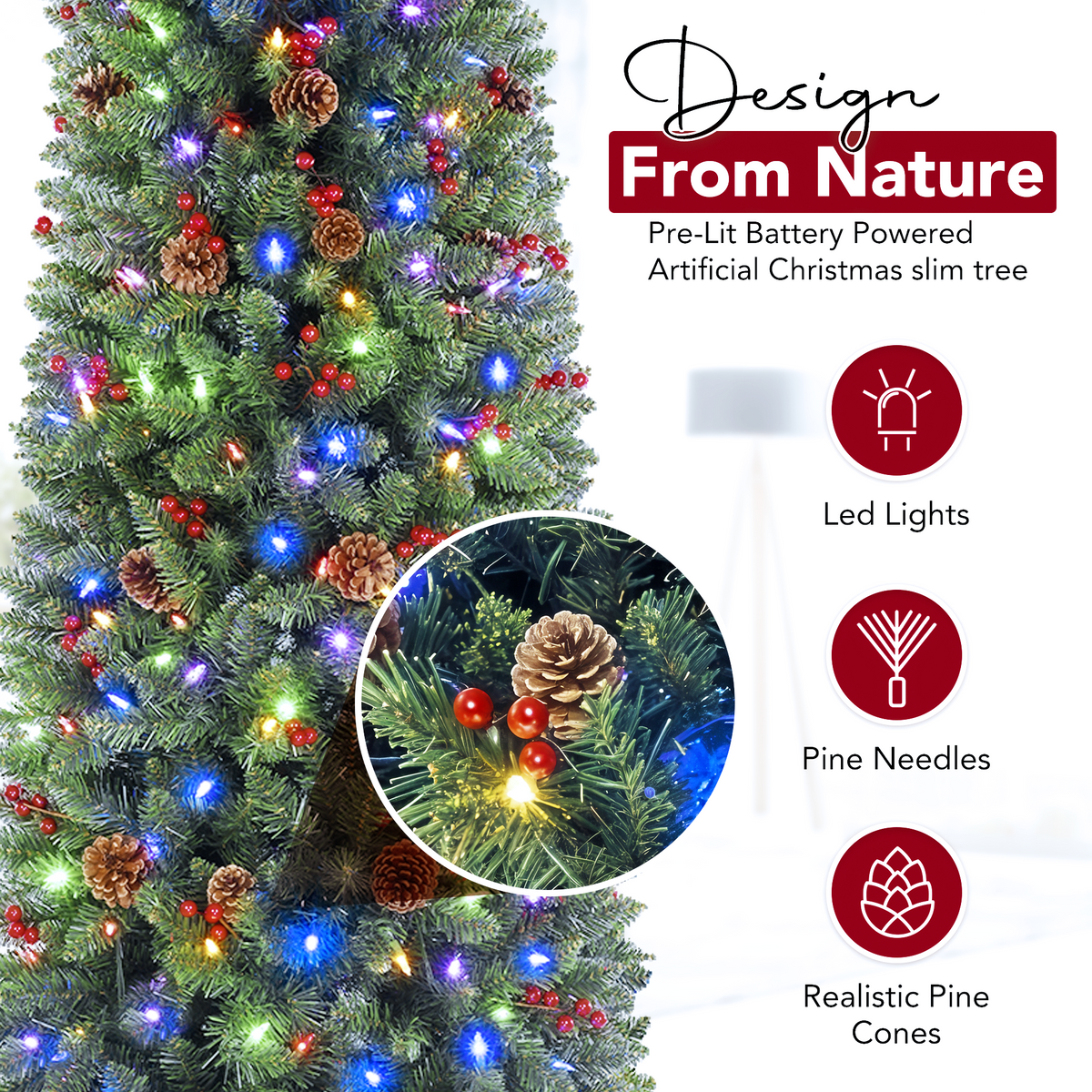 6FT Pre-lit Pencil Christmas Tree with Remote Control, 250 Warm White Multi-Color Lights, Hinged Slim Skinny Spruce for Home, Office, Holiday Party Decoration Dual Color LED, Pinecones Red Berries