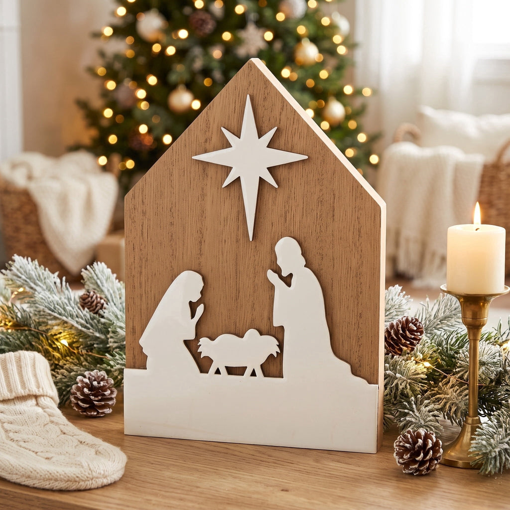 White and Brown Wood Nativity Scene Christmas Decoration, 7", by Holiday Time