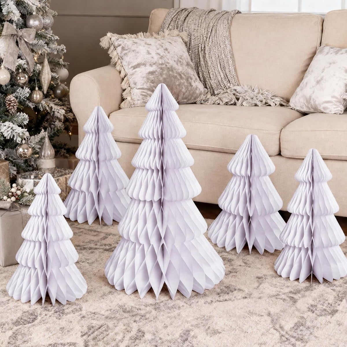 5 Pack Honeycomb Paper Christmas Trees, 3D Christmas Table Centerpieces for Mantel Tabletop Winter Home Decor