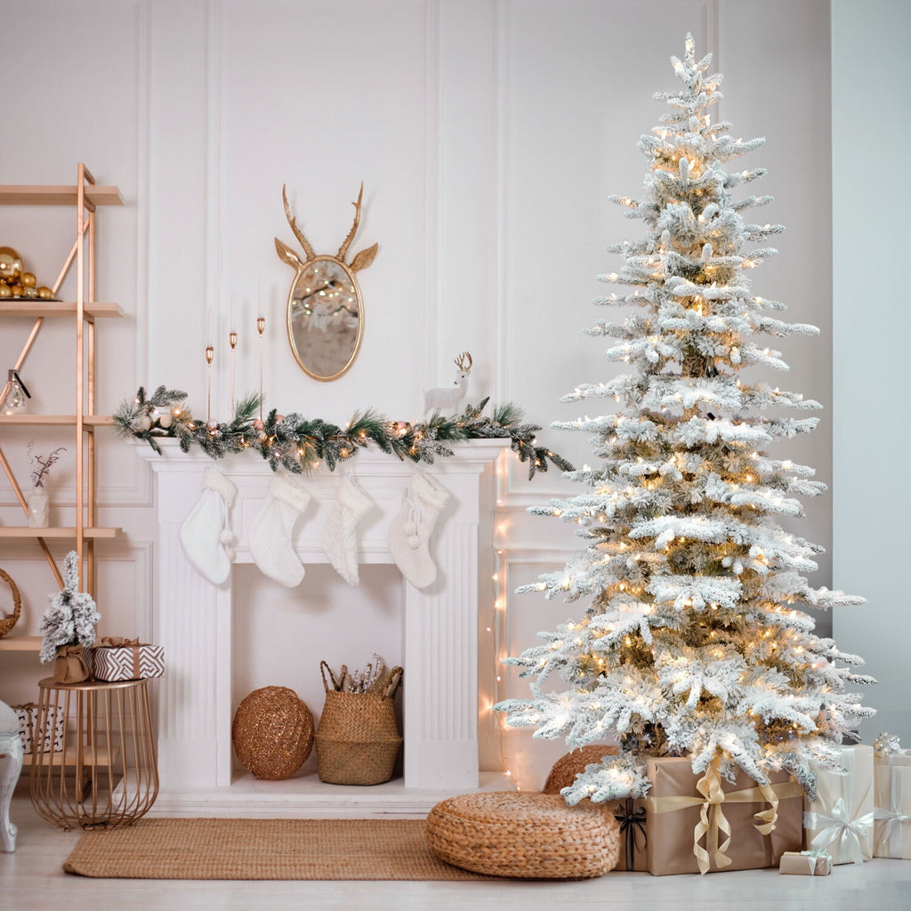 Fraser Hill Farm 10-Ft. Flocked Pine Valley Christmas Tree with Dual Multicolor & Warm White LED Lights and Remote, FFPV010-6SN
