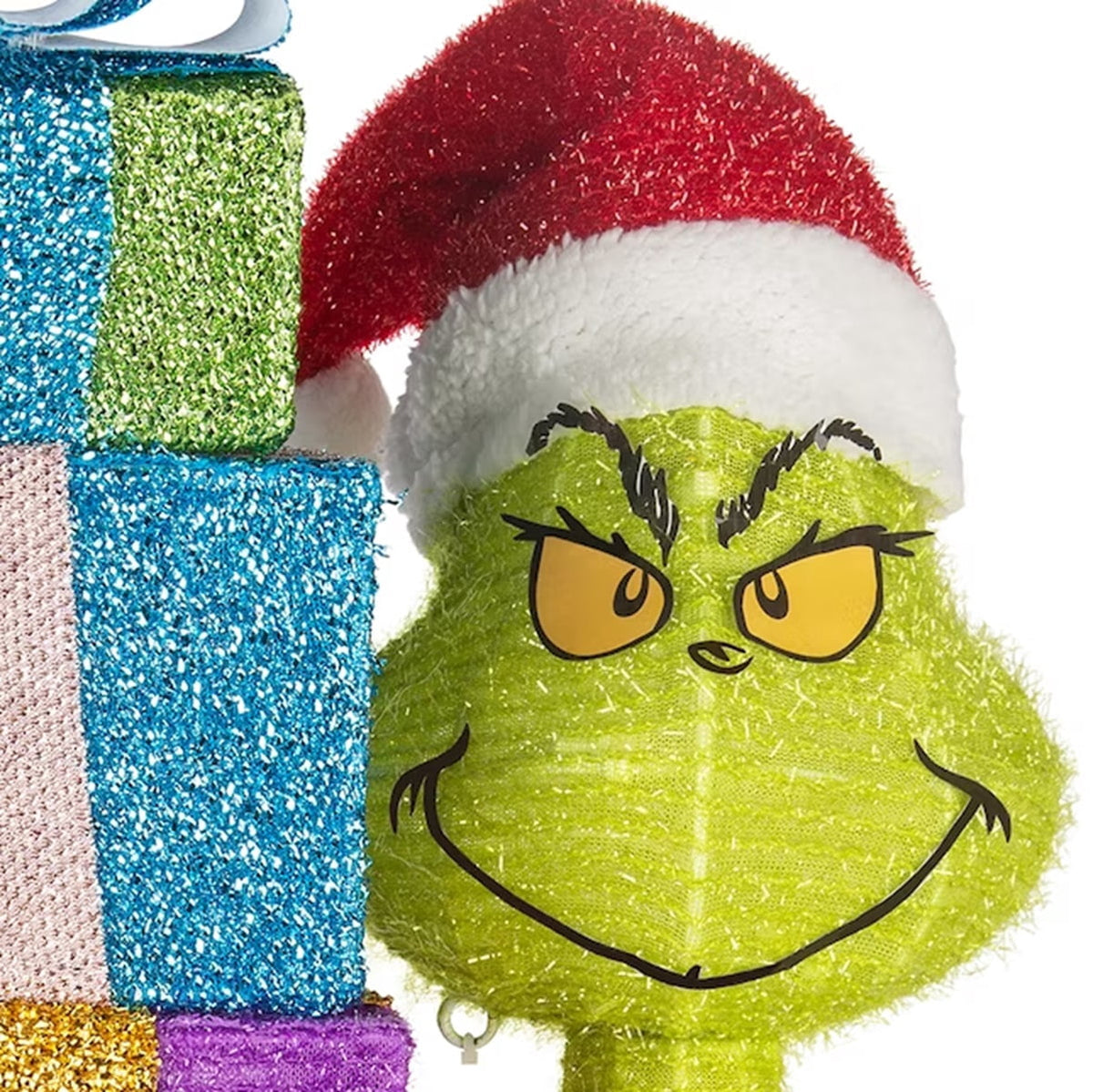 Gemmy 3D Holiday Lighted Tinsel Sculpture Grinch w/Present Stack Dr. Seuss, Multicolored