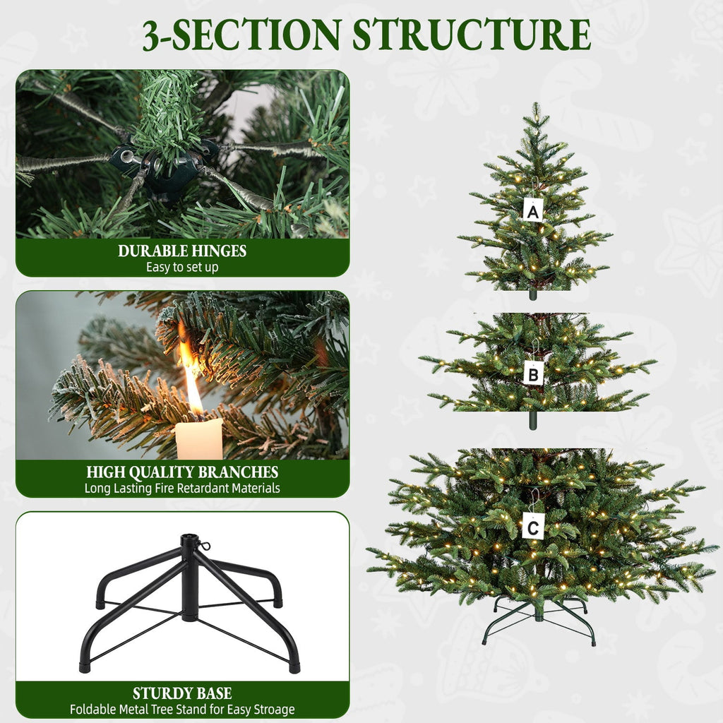 VIVATREES 6ft Pre-lit Artificial Christmas Tree w/ 1153 Mixed PVC PE Hinged Branch Tips 330 Warm White LED Lights Foldable Base