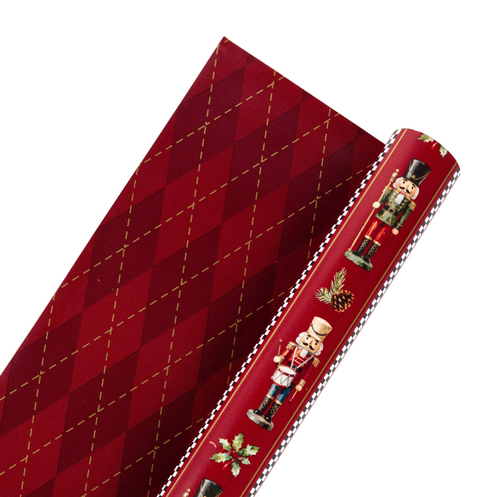 LaRibbons Nutcracker Wrapping Paper, 30" x 10' Holiday Reversible Metallic Gift Wrap Kit, Holly Nutcracker Plaids and Checks