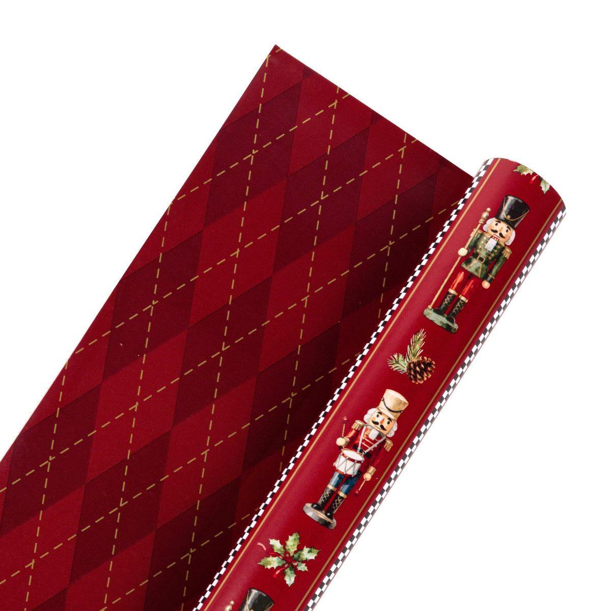 LaRibbons Nutcracker Wrapping Paper, 30" x 10' Holiday Reversible Metallic Gift Wrap Kit, Holly Nutcracker Plaids and Checks