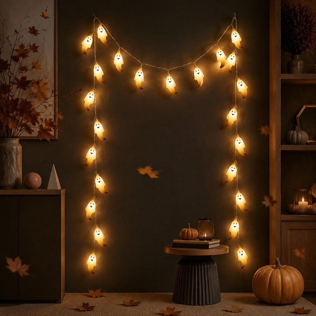 AZXY Halloween String Lights, Ghost Shaped White Halloween Lights, Indoor Outdoor Halloween Decor, Halloween Party Indoor Decor, Battery 5 FT Halloween Decorations, Stair Mantel Patio Halloween Decor