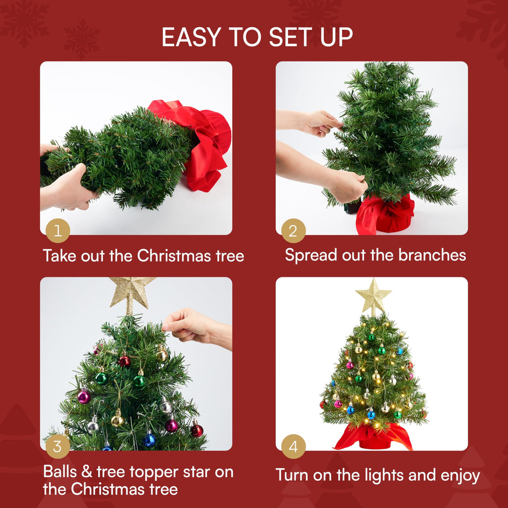 Joyfy 24"/2.4 FT Tabletop Small Christmas Tree with Lights, Prelit Artificial Mini Xmas Tree Set with Star and Ornaments for Party Decorations