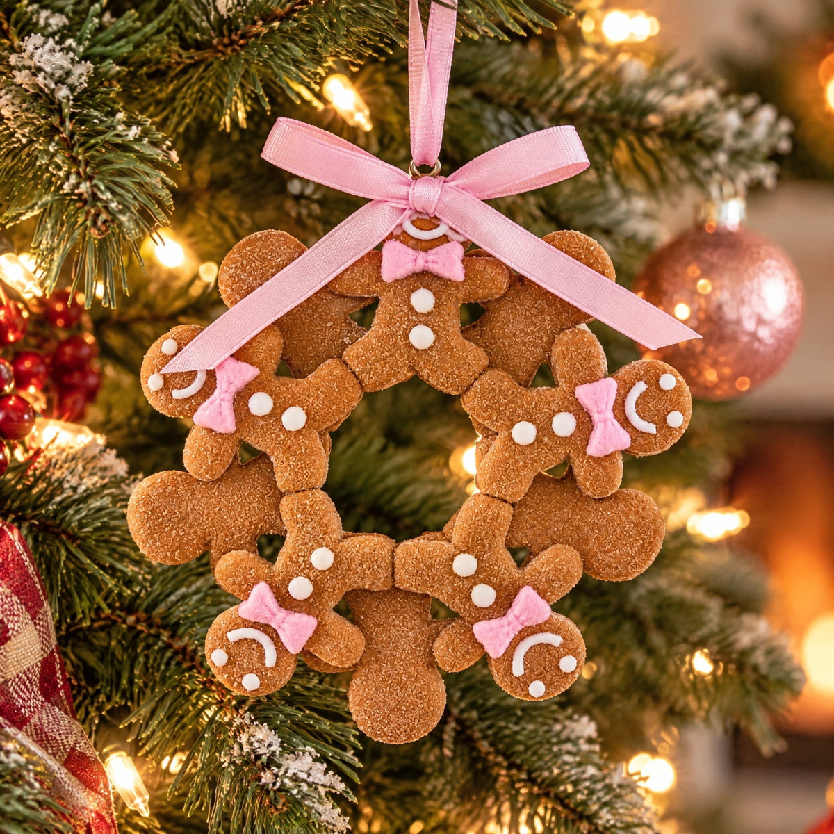 Pink/White/Brown Clay Dough Gingerbread Man Wreath Christmas Ornament, 4.3", by Holiday Time