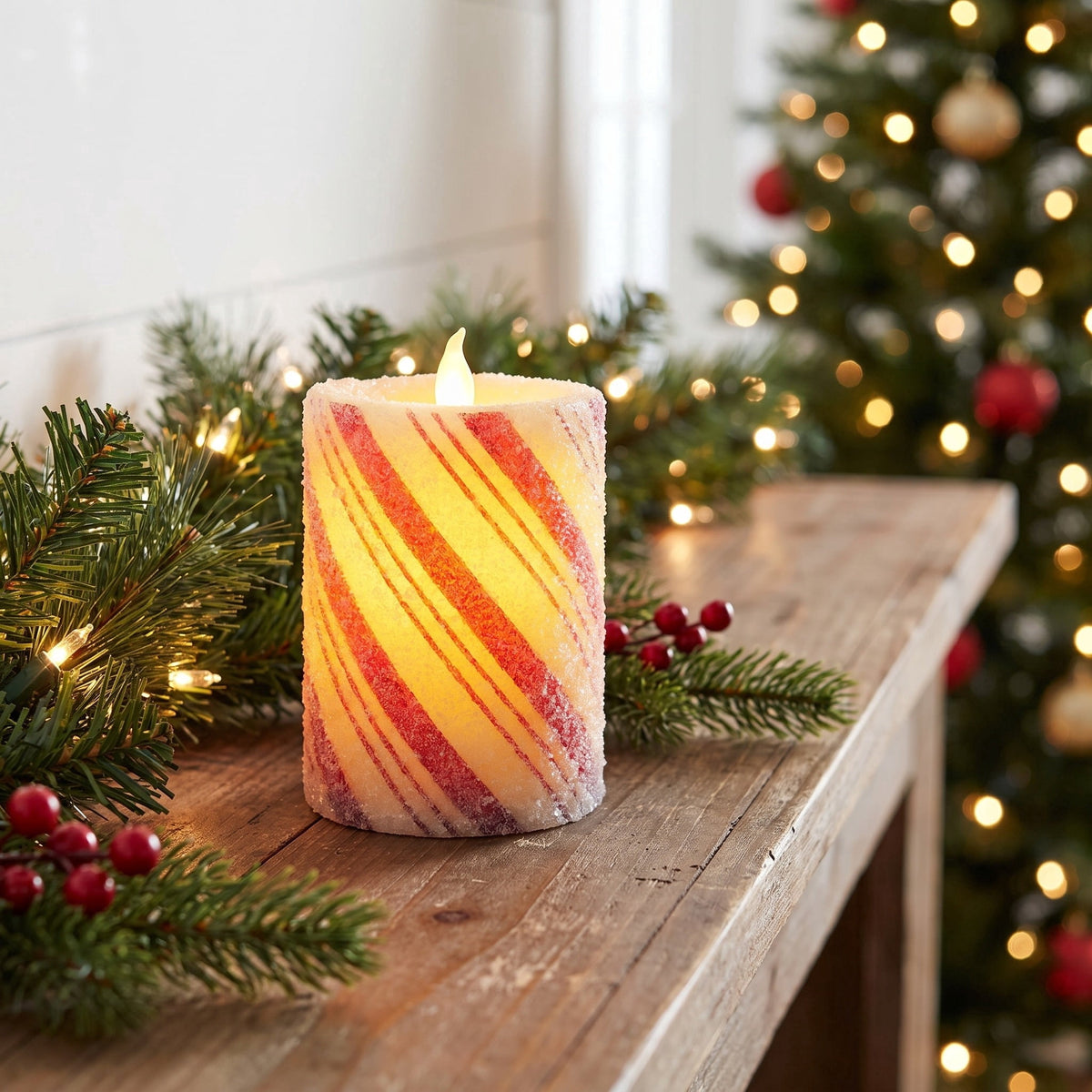 Indoor Battery-Operated LED Plastic Flameless Candy Cane Christmas Pillar Candle, Red and White, 4.7", by Holiday Time