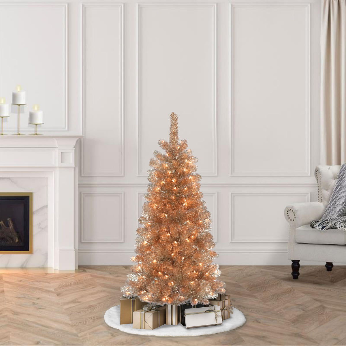 Puleo International 4.5' Pre-Lit Rose Gold Artifical Christmas Tree with 150 UL-Listed Clear Incandescent Lights