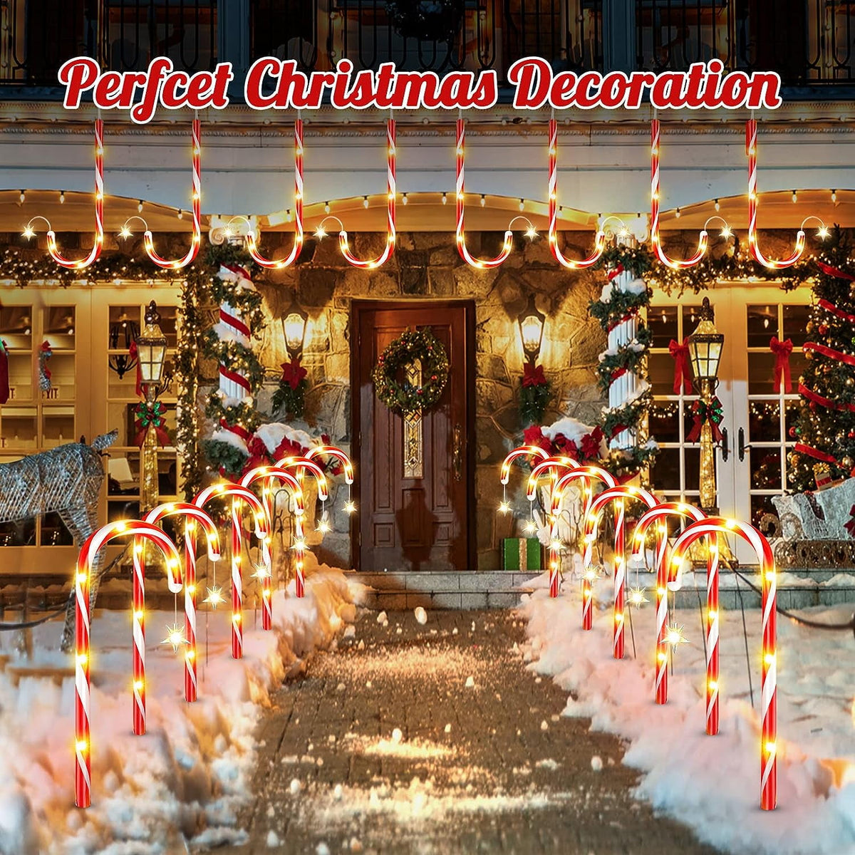 12 Pack Christmas Decorations Outdoor Solar Candy Cane Lights, Waterproof Solar Pathway Markers Yard Lights with Star, 8 Modes Xmas Decorations for Garden Yard Decor
