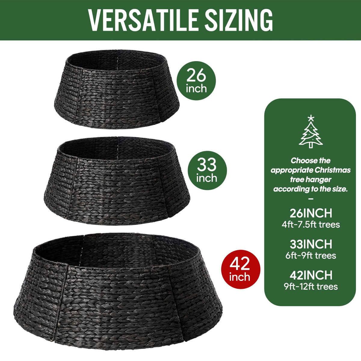 Ayieyill 26in Woven Hyacinth Christmas Tree Collar, Christmas Tree Decorations, Tree Skirt Accessory w/ Cord Cut-Out | Black