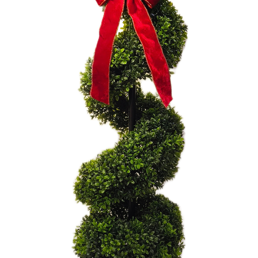 My Texas House Christmas Boxwood Swirl Topiary with Red Bow, 45",