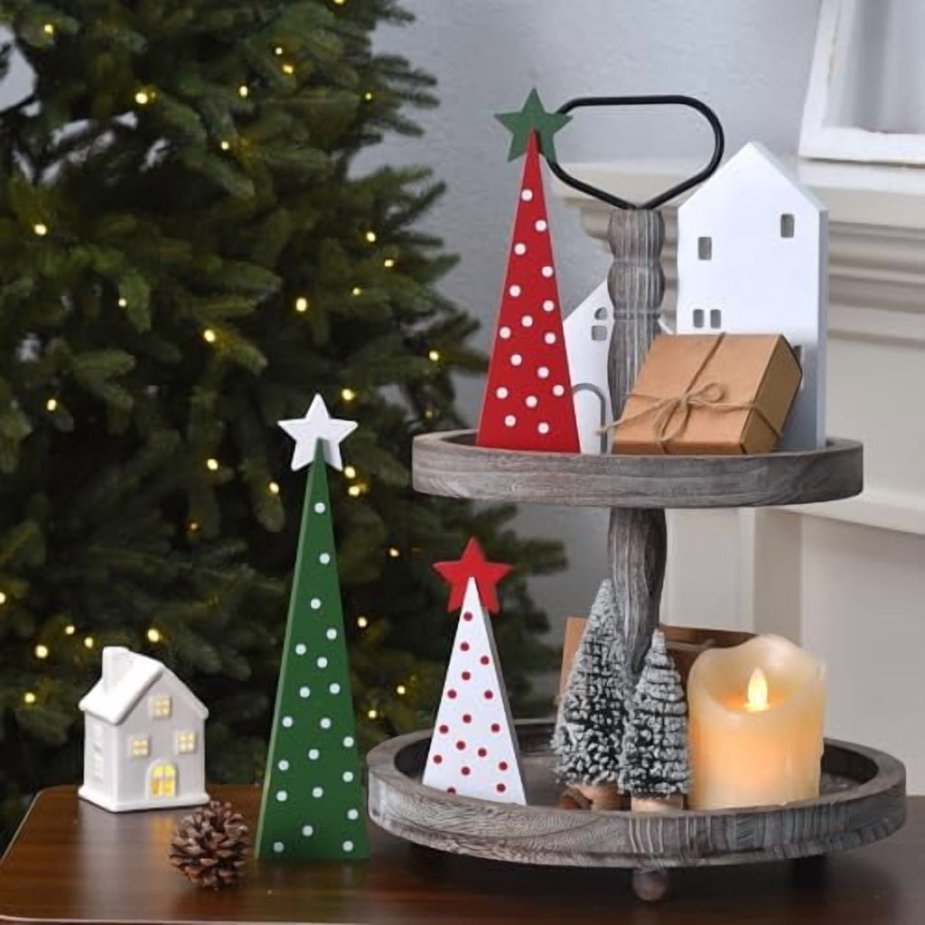 3 Piece Wooden Christmas Tree Tabletop Decor Rustic Double Sided Tiered Tray Signs for Home Office Farmhouse