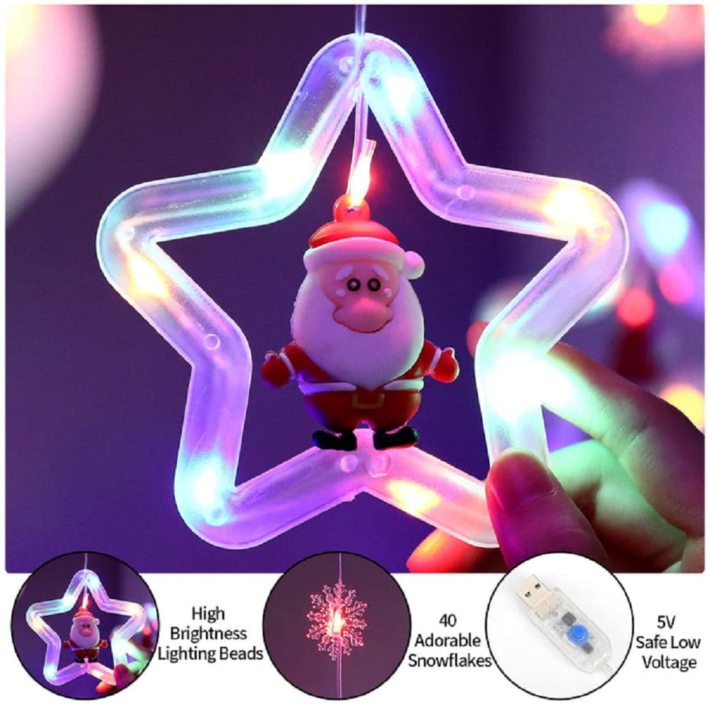 WILLED Christmas String Lights, 120 LED Window Curtain Lights with Christmas Ornaments, 9.8ft USB Powered Warm White Waterproof Fairy Lights Indoor Outdoor for Xmas Tree Patio Garden Party Home Decor