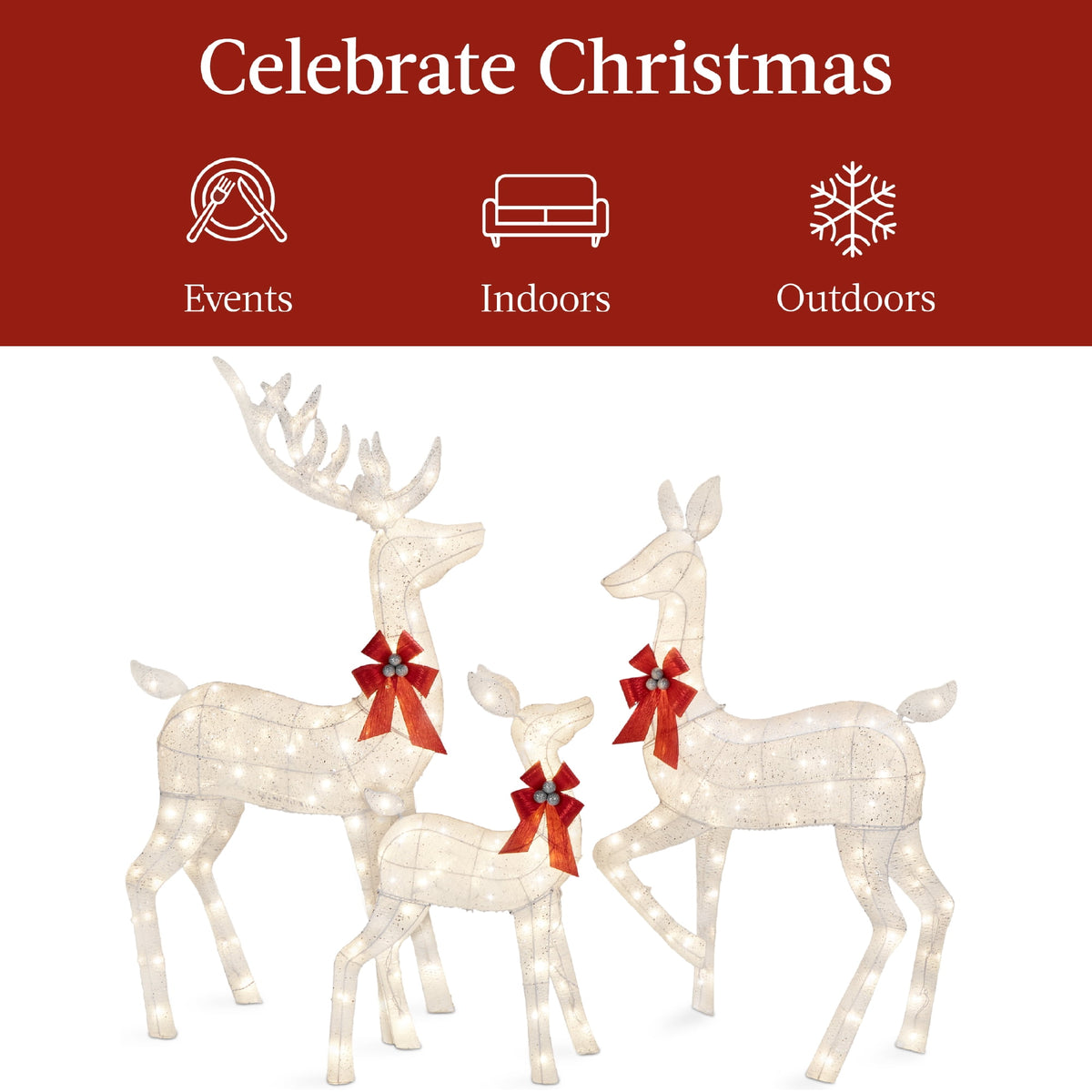 Best Choice Products 3-Piece Lighted Christmas Deer Set Outdoor Yard Decoration w/ 360 LED Lights, Stakes - White