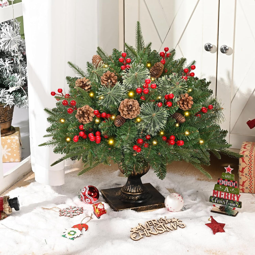 Ikfashoni 2 Pack Christmas Urn Filler, Pre-lit Outdoor Christmas Tree with Remote, Artificial Christmas Porch Pathway Decoration