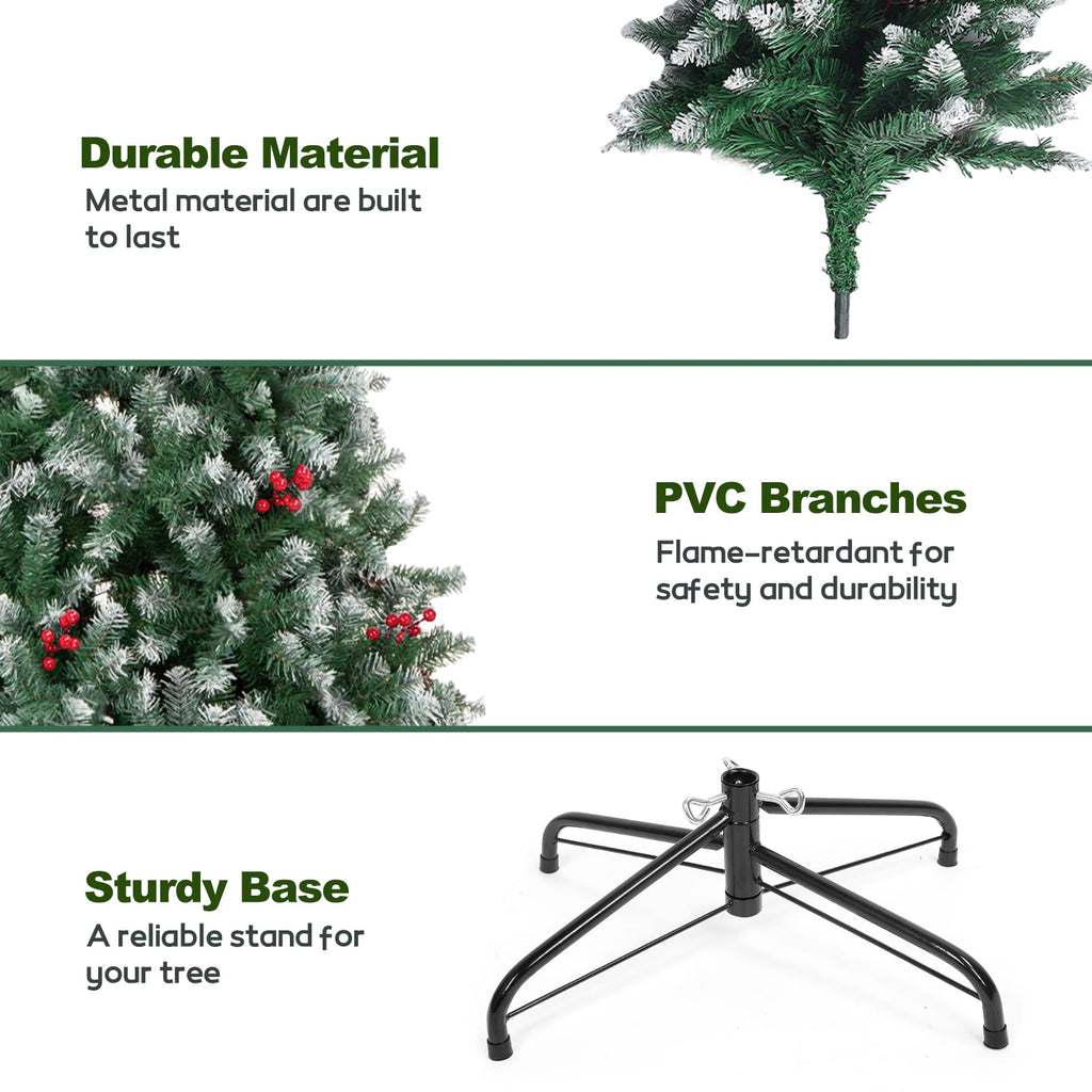6FT Pre-Decorated Artificial Christmas Tree w/ 800 PVC Branch Tips, Red Berries for Home Office Party Decoration, Partially Flocked Design Xmas Trees w/ Dense Branches & Metal Stand