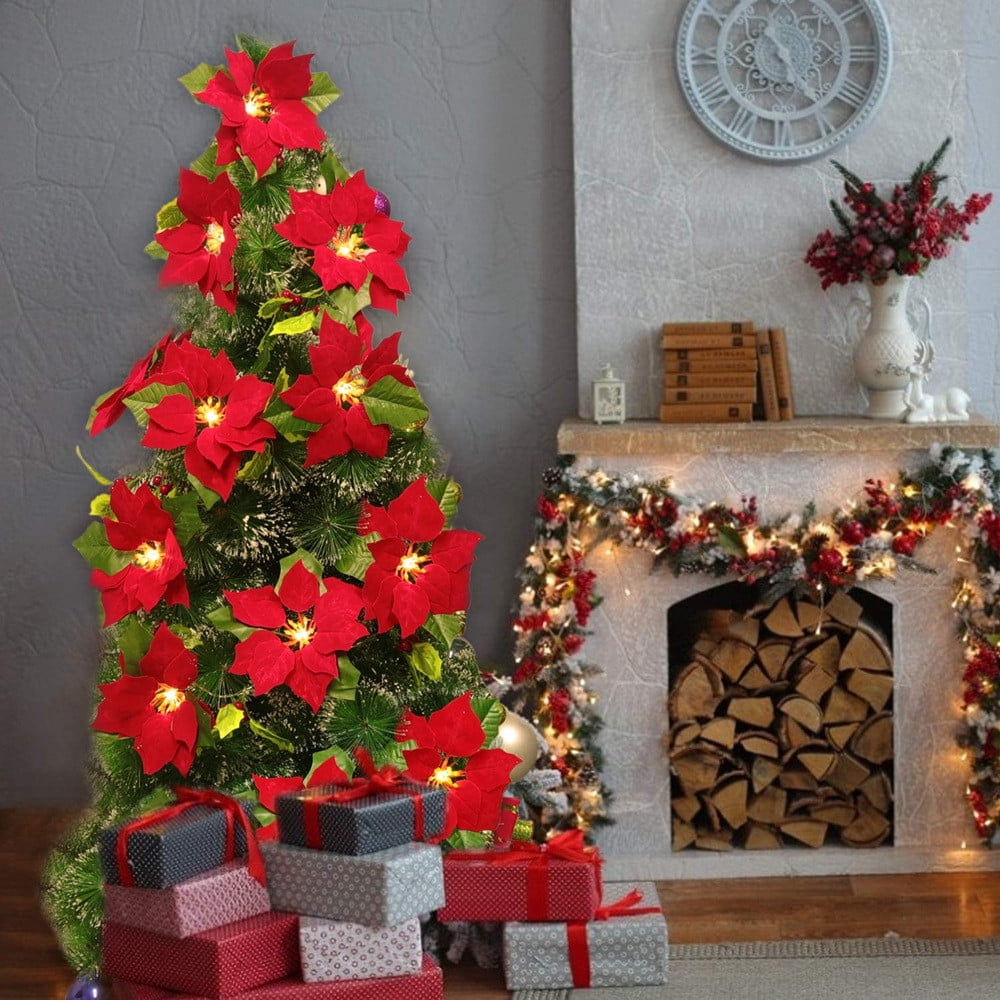 Hwkond Christmas Lights Outdoor LED Christmas Red Poinsettia Wreath With Warm Lighting Artificial Poinsettia For Holiday Decoration Battery Powered on Clearance