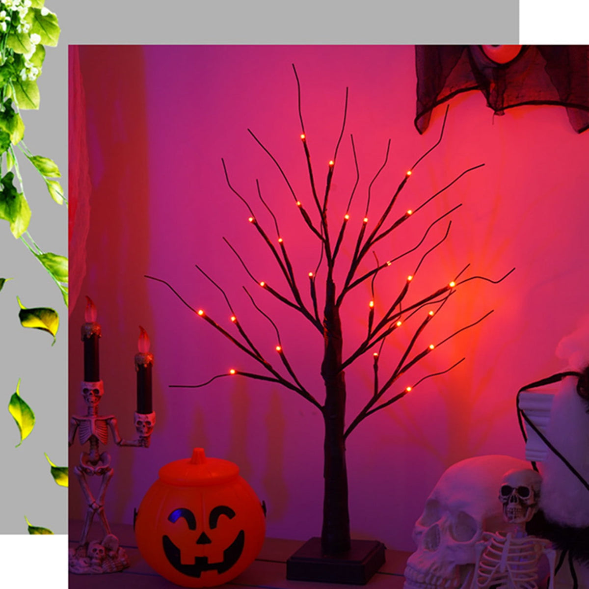 23.6 Inch Halloween Birch Tree Halloween Decorations Black Christmas Tree with 24LED Orange and Purple Lights and Halloween Lights Indoor Tabletop Tree Light,2 Light Modes,USB/Battery Power