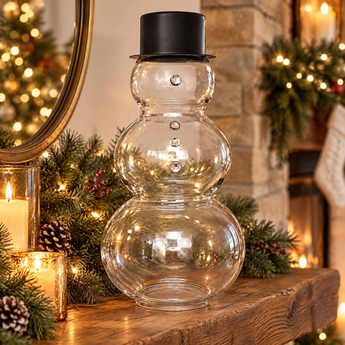 Glass Snowman with Metal Hat Christmas Decoration, Clear and Black, 30", by Holiday Time