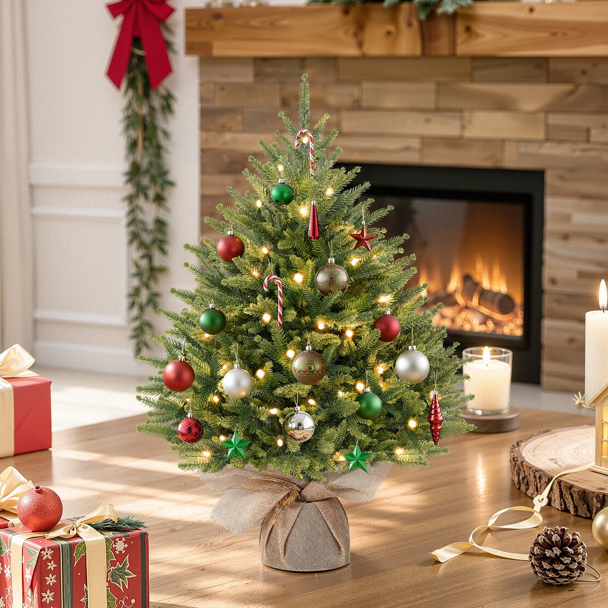 Lolsea 2ft Prelit Artificial Small Mini Christmas Tree with Color LED Lights, Remote Control and Timer, Perfect for Xmas Tabletop Decorations