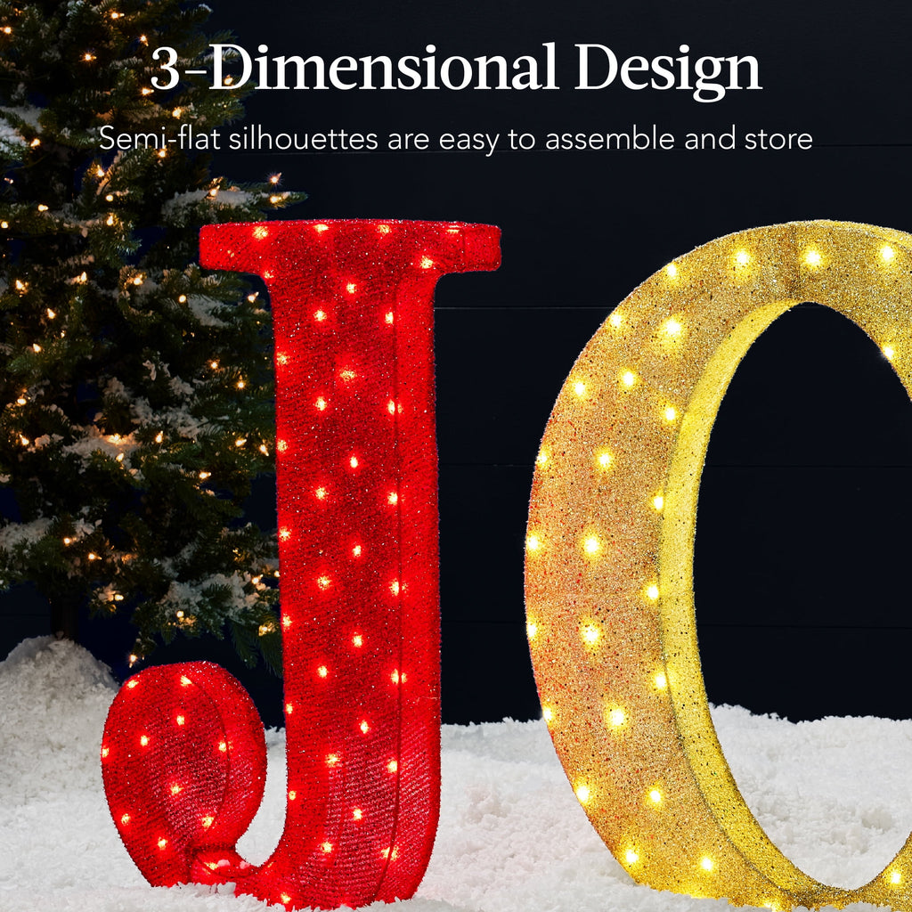 Best Choice Products 32in 3-Piece 3D Lighted Christmas JOY Yard Decoration w/ 150 LED Lights, Stakes - Red/Gold/Green