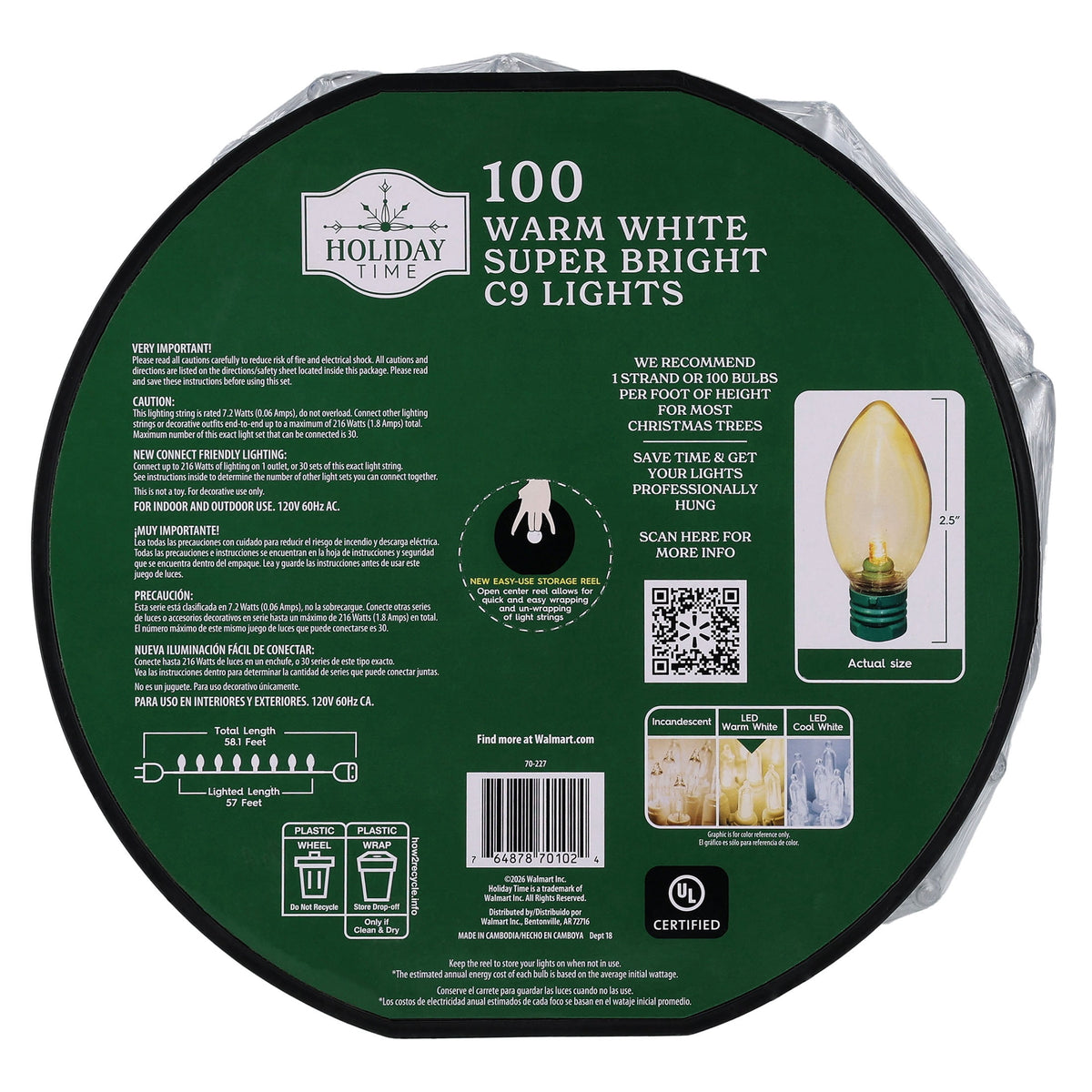 Indoor/Outdoor 100-Count LED Smooth C9 Christmas String Lights, Multicolor, Green Wire, 57', by Holiday Time