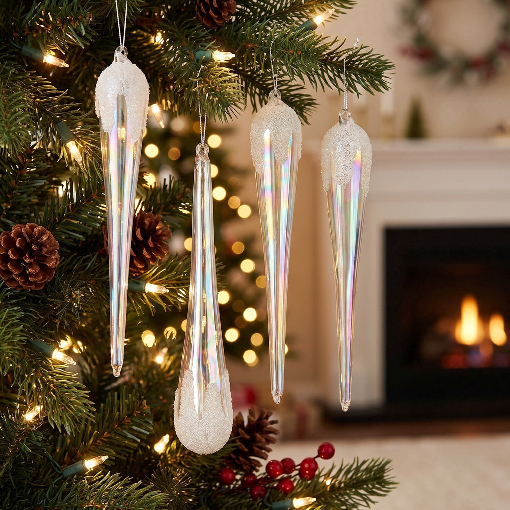 4-Count Iridescent Frosted Icicle Glass Christmas Ornaments, 7.8", by Holiday Time