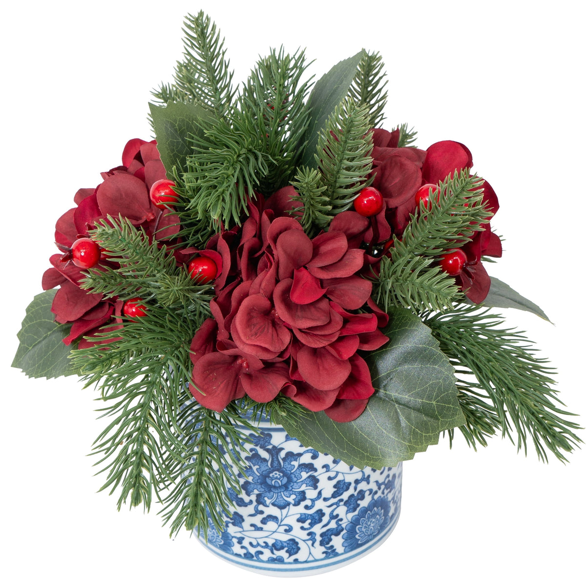 My Texas House Hydrangea Christmas Floral Arrangement in Ceramic Pot, Multicolor, 11"