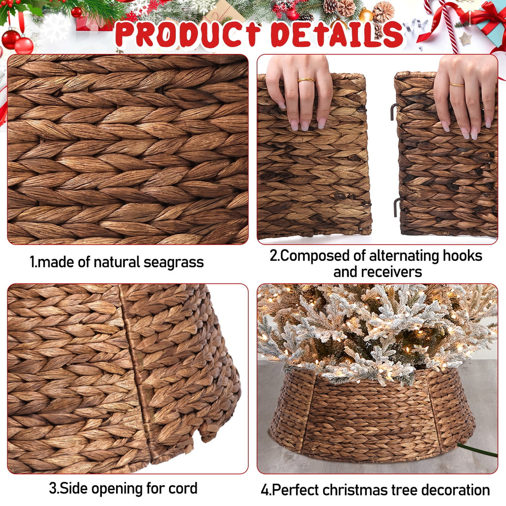 Ayieyill 26in Woven Hyacinth Christmas Tree Collar, Christmas Tree Decorations, Tree Skirt Accessory w/ Cord Cut-Out | Natural