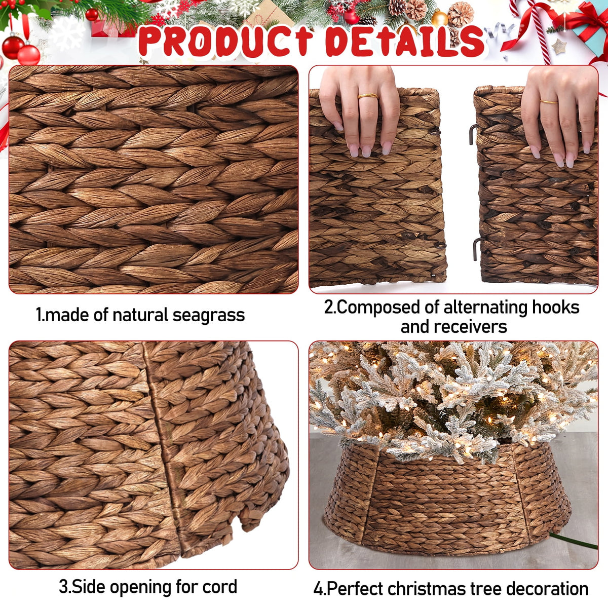 Ayieyill 26in Woven Hyacinth Christmas Tree Collar, Christmas Tree Decorations, Tree Skirt Accessory w/ Cord Cut-Out | Natural