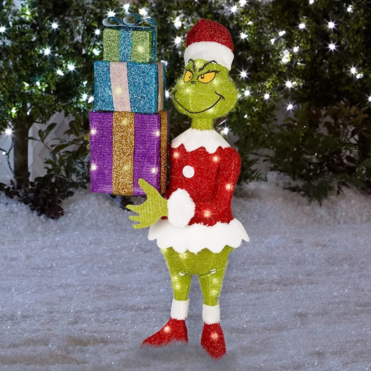 Gemmy 3D Holiday Lighted Tinsel Sculpture Grinch w/Present Stack Dr. Seuss, Multicolored