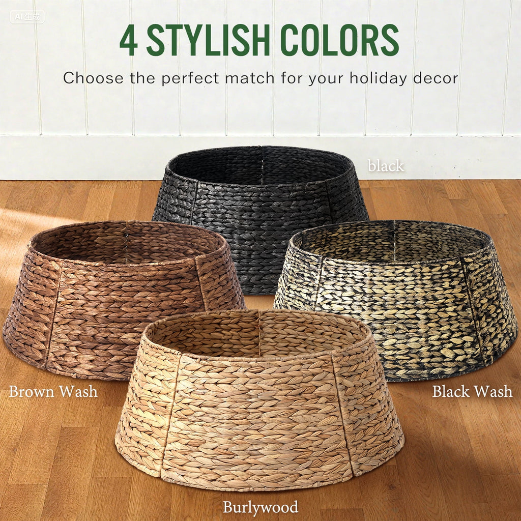 Ayieyill 26in Woven Hyacinth Christmas Tree Collar, Christmas Tree Decorations, Tree Skirt Accessory w/ Cord Cut-Out | Black