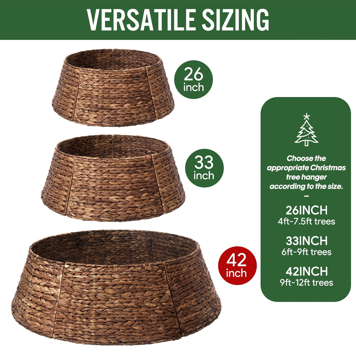 Ayieyill 26in Woven Hyacinth Christmas Tree Collar, Christmas Tree Decorations, Tree Skirt Accessory w/ Cord Cut-Out | Black