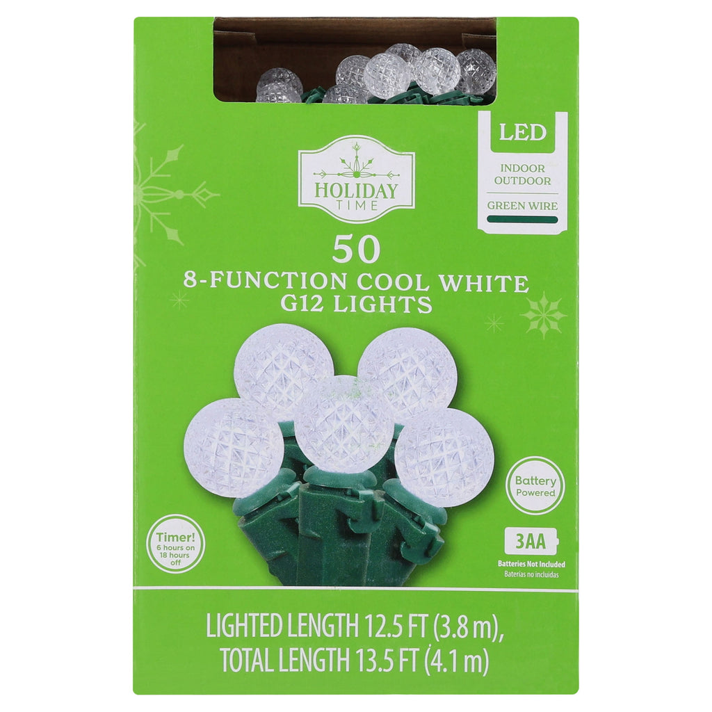 Indoor/Outdoor 50-Count LED 8-Function G12 Christmas String Lights, Warm White, Green Wire, 12.5', by Holiday Time