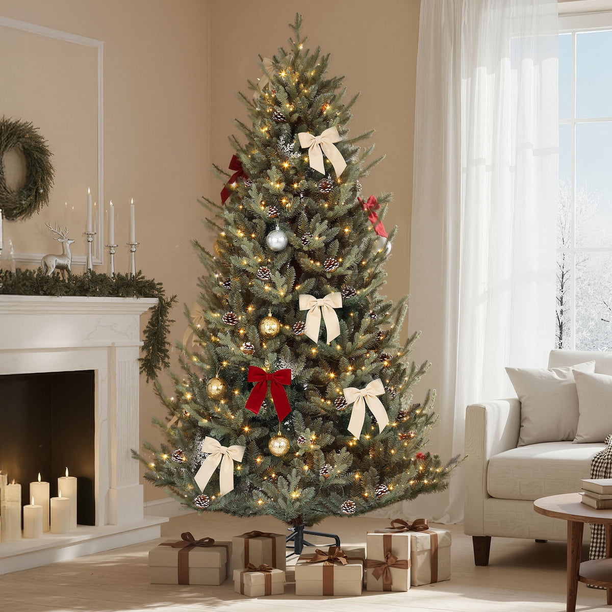Dextrus 7.5 ft Prelit Spruce Christmas Tree with 51 Pine Cones, Hinged Artificial Christmas Tree with 1938 PE&PVC Tips & 500 Lights,11 Light Modes, Remote Control