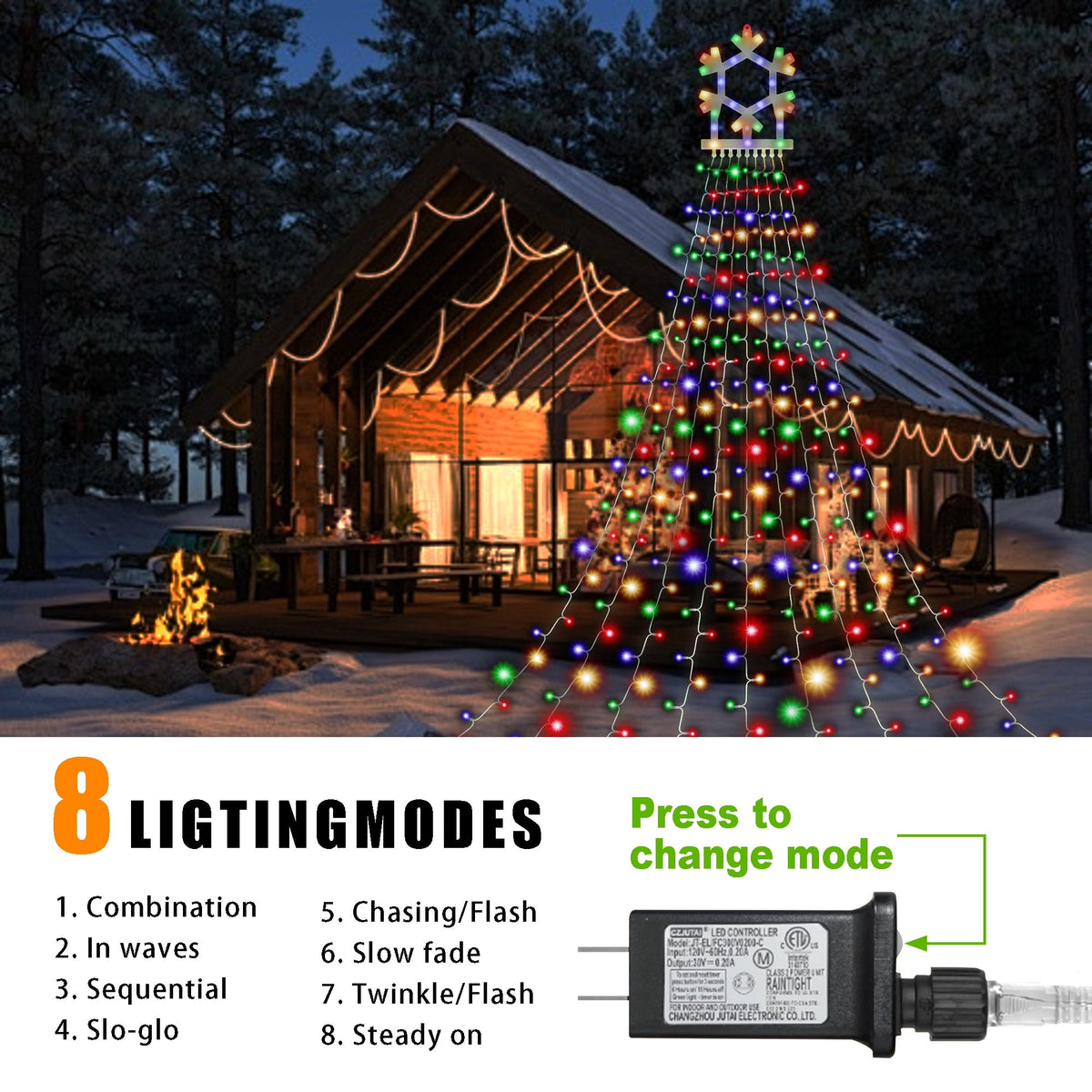 DAYBETTER Christmas String Lights Outdoor, Waterfall Star Lights with 317 LED, for Christmas Tree, New Year Decoration (Star-Multicolor)