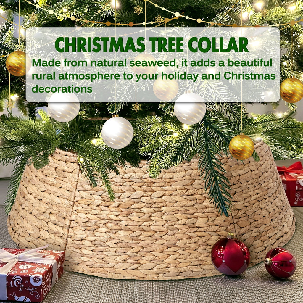 Ayieyill 26in Woven Hyacinth Christmas Tree Collar, Christmas Tree Decorations, Tree Skirt Accessory w/ Cord Cut-Out | Natural
