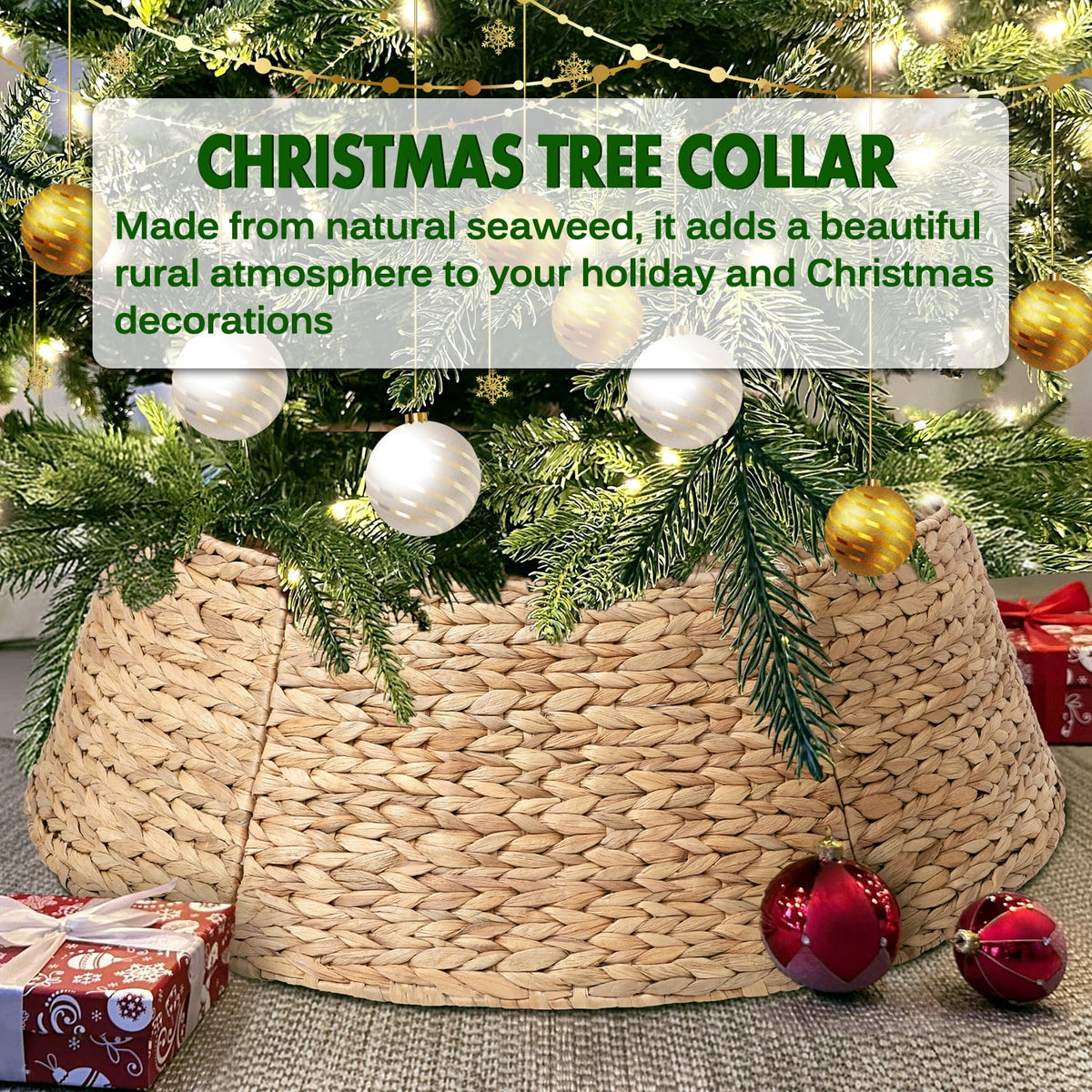 Ayieyill 26in Woven Hyacinth Christmas Tree Collar, Christmas Tree Decorations, Tree Skirt Accessory w/ Cord Cut-Out | Natural