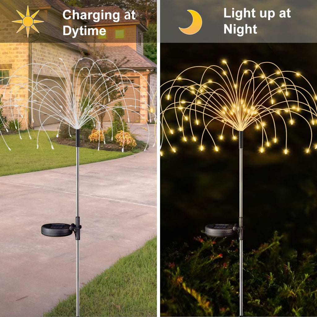 Rirool 2 Pack Solar Firework Lights, 120 LED Outdoor Garden Lights, Waterproof IP65 Pathway Yard Decor, DIY Copper Wire, Auto On/Off, Warm White