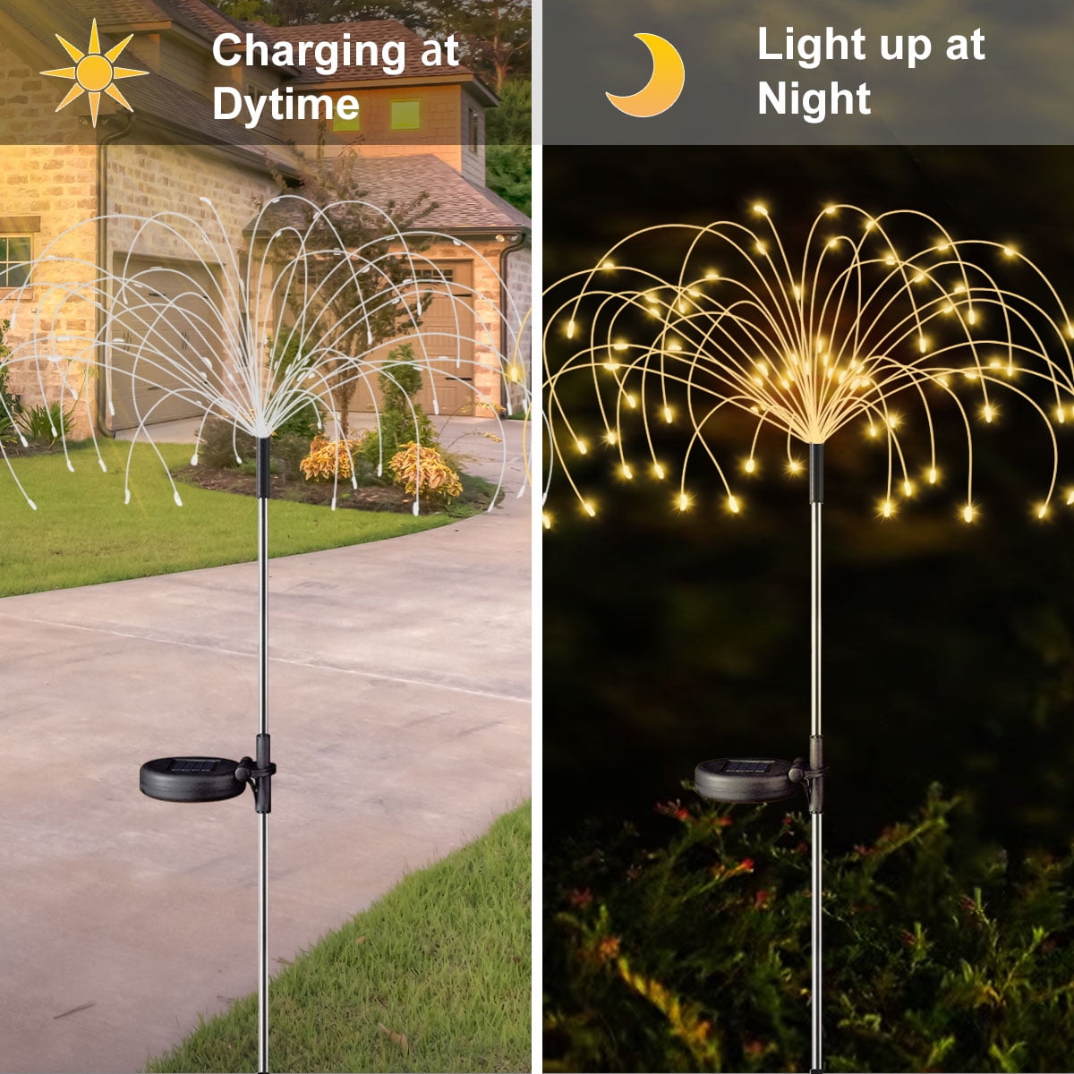 Rirool 2 Pack Solar Firework Lights, 120 LED Outdoor Garden Lights, Waterproof IP65 Pathway Yard Decor, DIY Copper Wire, Auto On/Off, Warm White