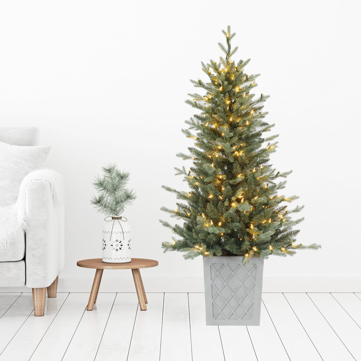 Haute Decor 4.5 Foot Barcelona Blue Spruce Potted Tree with Warm White LED Lights - Cement Gray Patterned Resin Pot