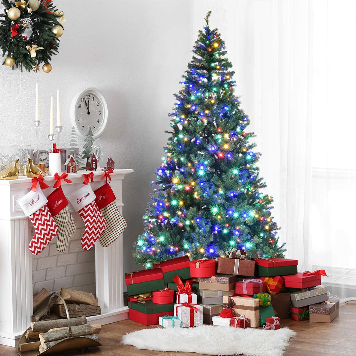 Gymax 8FT Pre-Lit Christmas Tree Hinged Artificial Tree w/ Metal Stand LED Lights