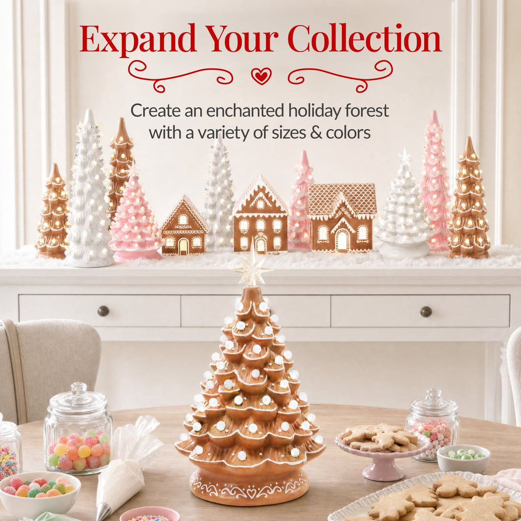 Best Choice Products 15in Ceramic Christmas Tree, Pre-lit Hand-Painted Tabletop Holiday Tree, Gingerbread Red/White/Grn