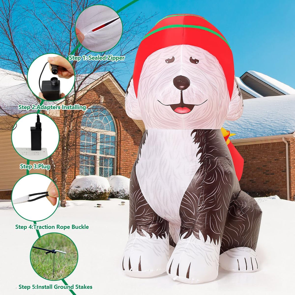 COMIN 5 FT Tall Christmas Inflatables Outdoor Decorations Blow Up Xmas Old English Sheepdog Carrying Presents with Built-in LEDs for Christmas Indoor Outdoor Yard Lawn Garden Decorations