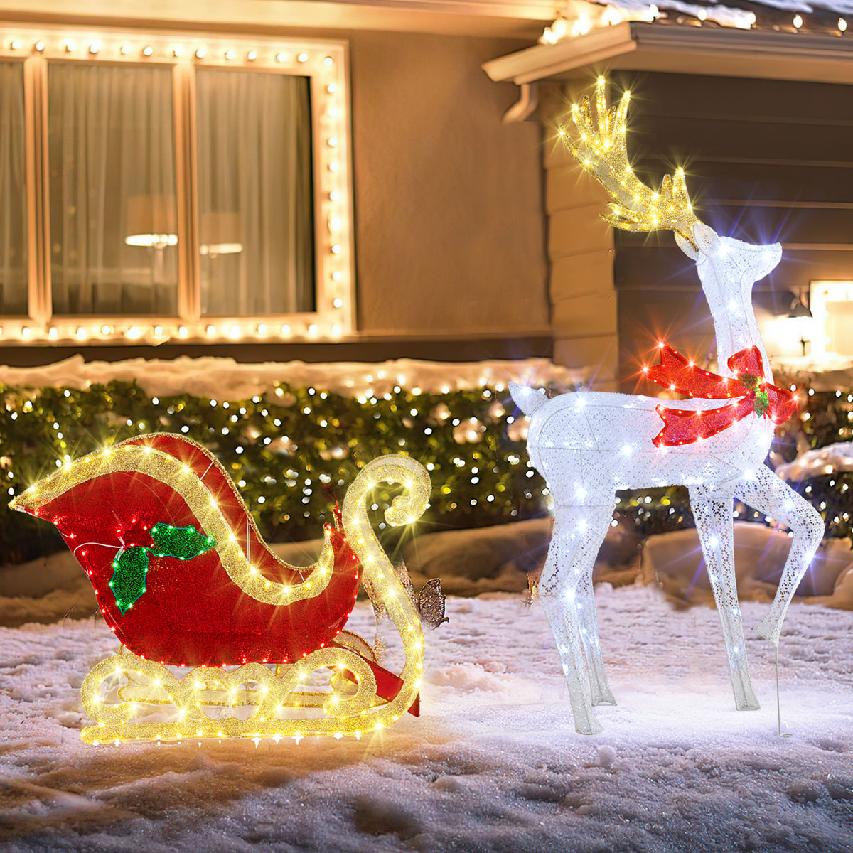 Gymax Lighted Christmas Reindeer & Sleigh Set Light-up Xmas Decorations w/462 LED